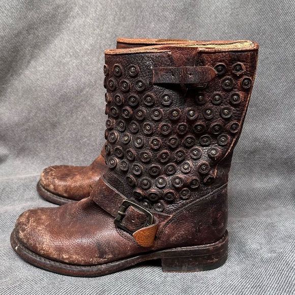 Frye Deborah studded biker boots harness brown leather short 1/2